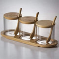 Lot de 3 pots à épices en verre avec couvercles, cuillères en bambou et base en bois