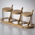 Lot de 3 pots à épices en verre avec couvercles, cuillères en bambou et base en bois