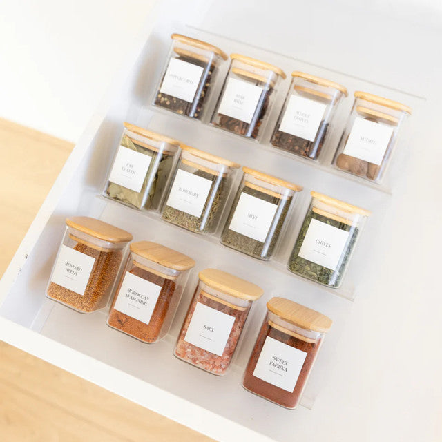 Pack 12 Bocaux Carrés 450ML avec 3 Organisateurs de Tiroir + 12 Étiquettes