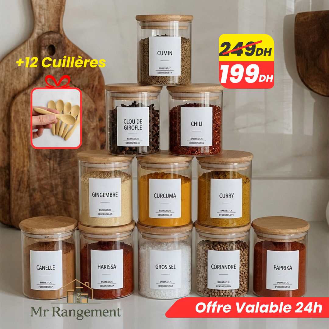 Lot de 12 Bocaux à Épices 450ml + 12 cuillères