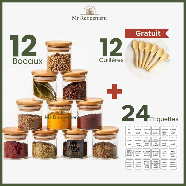 Lot de 12 Bocaux en Verre 450ml avec Couvercles en Bambou + Étiquettes + Cuillères Offertes