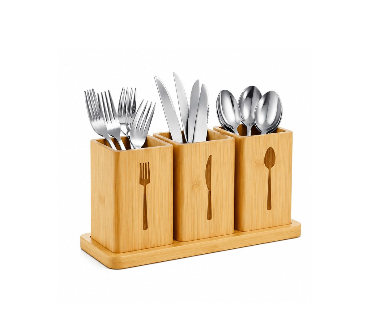 Porte-Couverts en Bambou avec 3 Compartiments et Plateau
