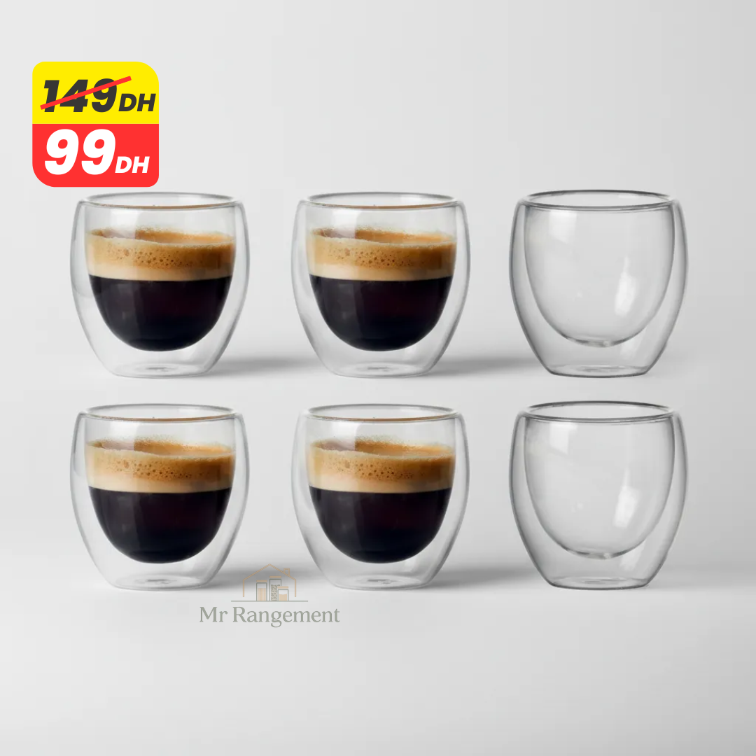 Lot de 6 Tasses Espresso Double Paroi 80ml en Verre Borosilicate