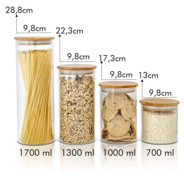 Ensemble de 4 Bocaux Hermétiques en Verre avec Couvercles en Bambou