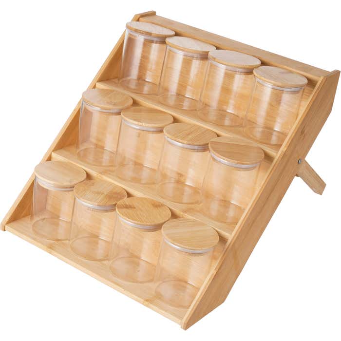 Porte-Épices en Bambou avec 12 Pots de 200 ml – Organisateur de Tiroir à 3 Niveaux