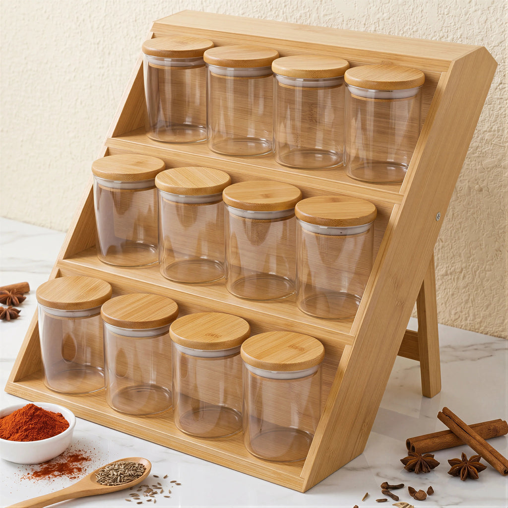 Porte-Épices en Bambou avec 12 Pots de 200 ml – Organisateur de Tiroir à 3 Niveaux