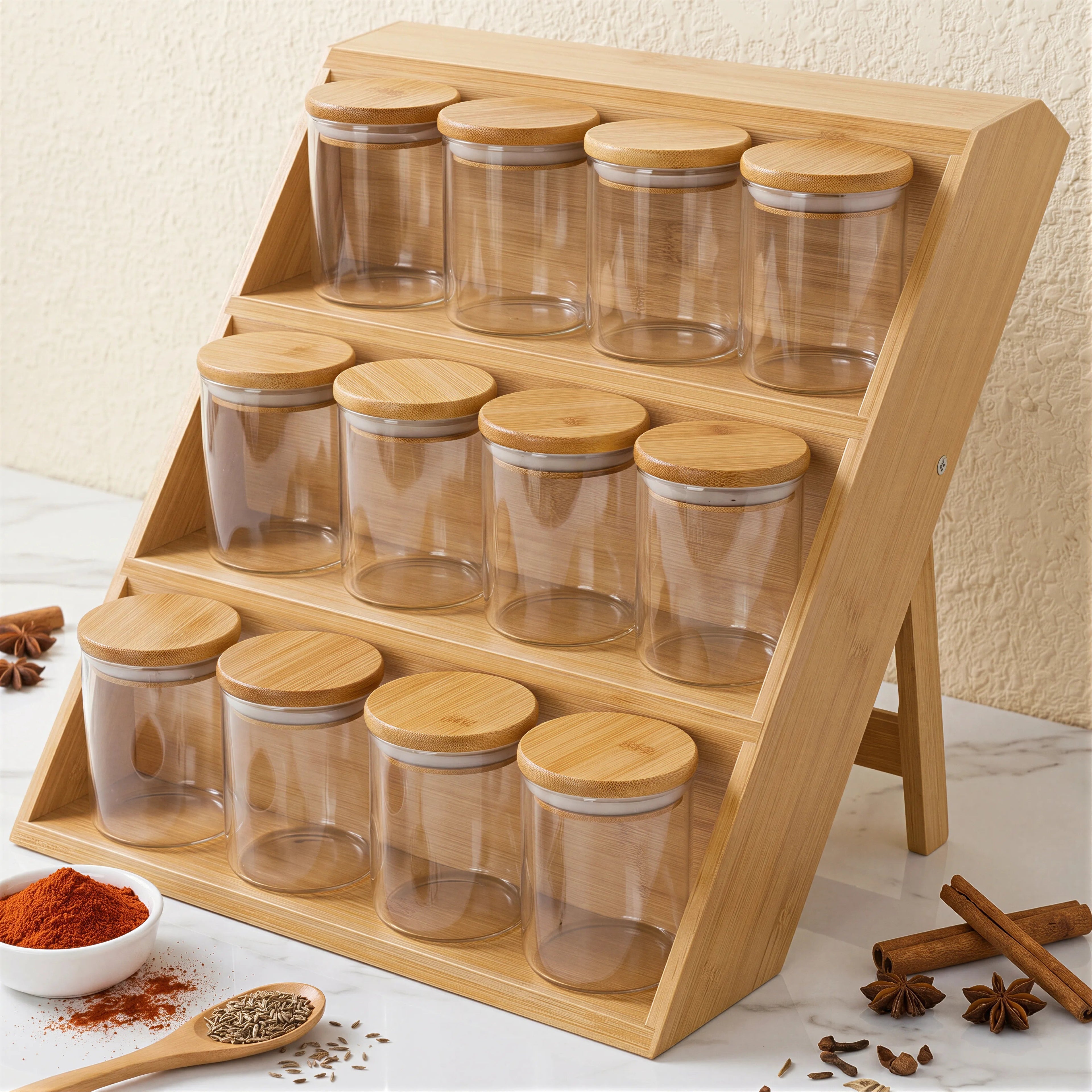 Porte-Épices en Bambou avec 12 Pots de 200 ml – Organisateur de Tiroir à 3 Niveaux