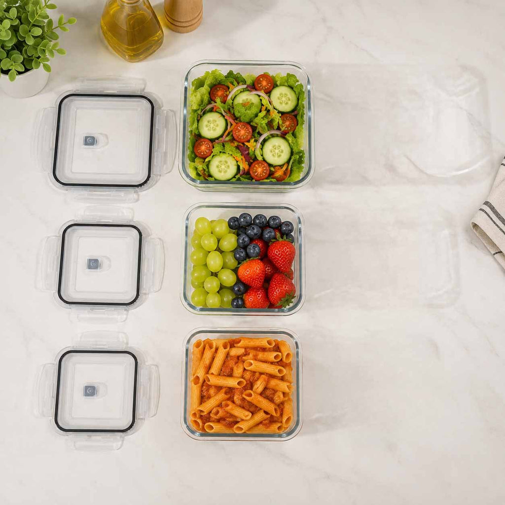 Ensemble de 3 Boîtes de Conservation Alimentaire Carrées en Verre