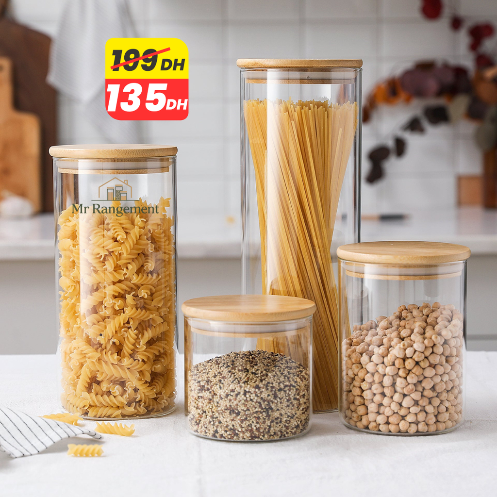 Ensemble de 4 Bocaux Hermétiques en Verre avec Couvercles en Bambou