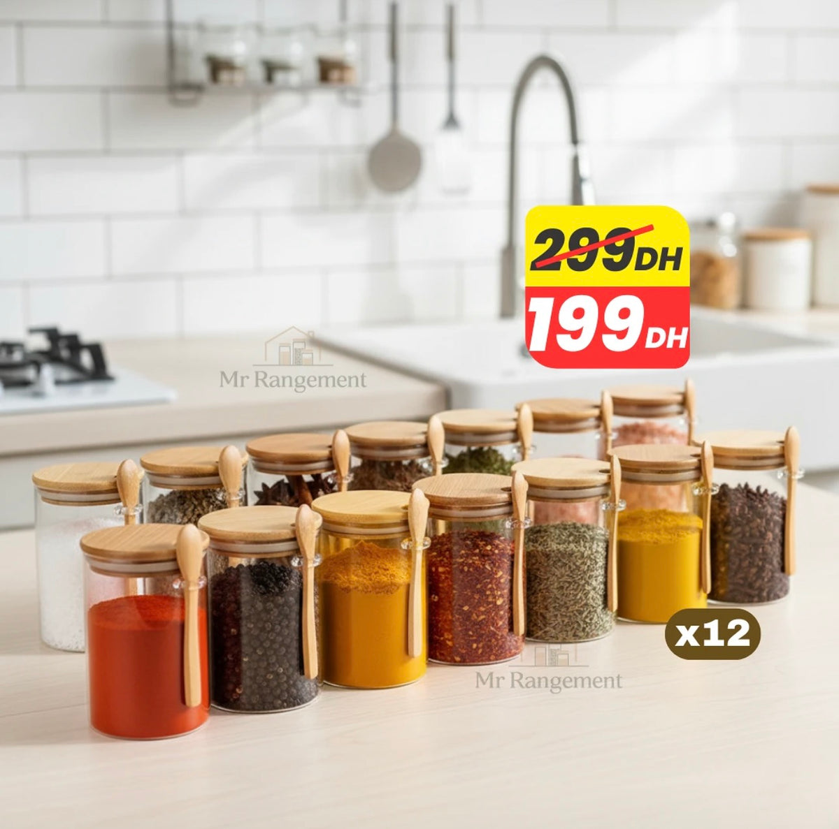 Pack 12 Bocaux Hermétiques 300 ml avec Cuillères en Bambou