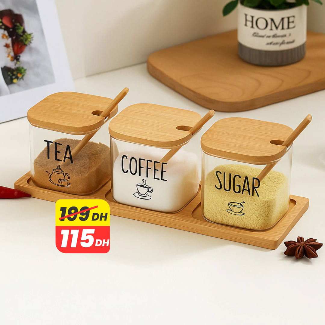 Ensemble de 3 Bocaux Thé, Sucre & Café avec Support en Bambou – 300ML