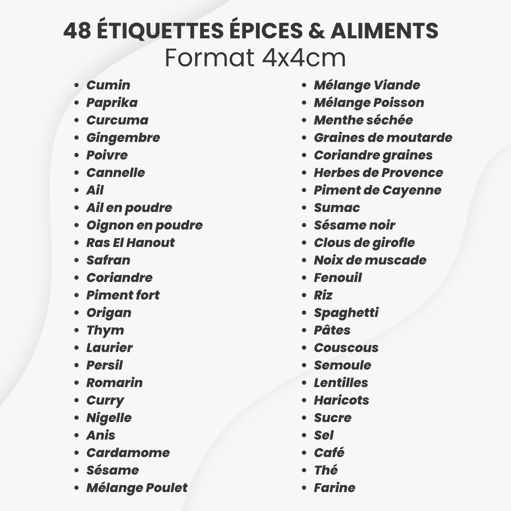 Feuille de 48 Étiquettes Adhésives pour Épices & Aliments