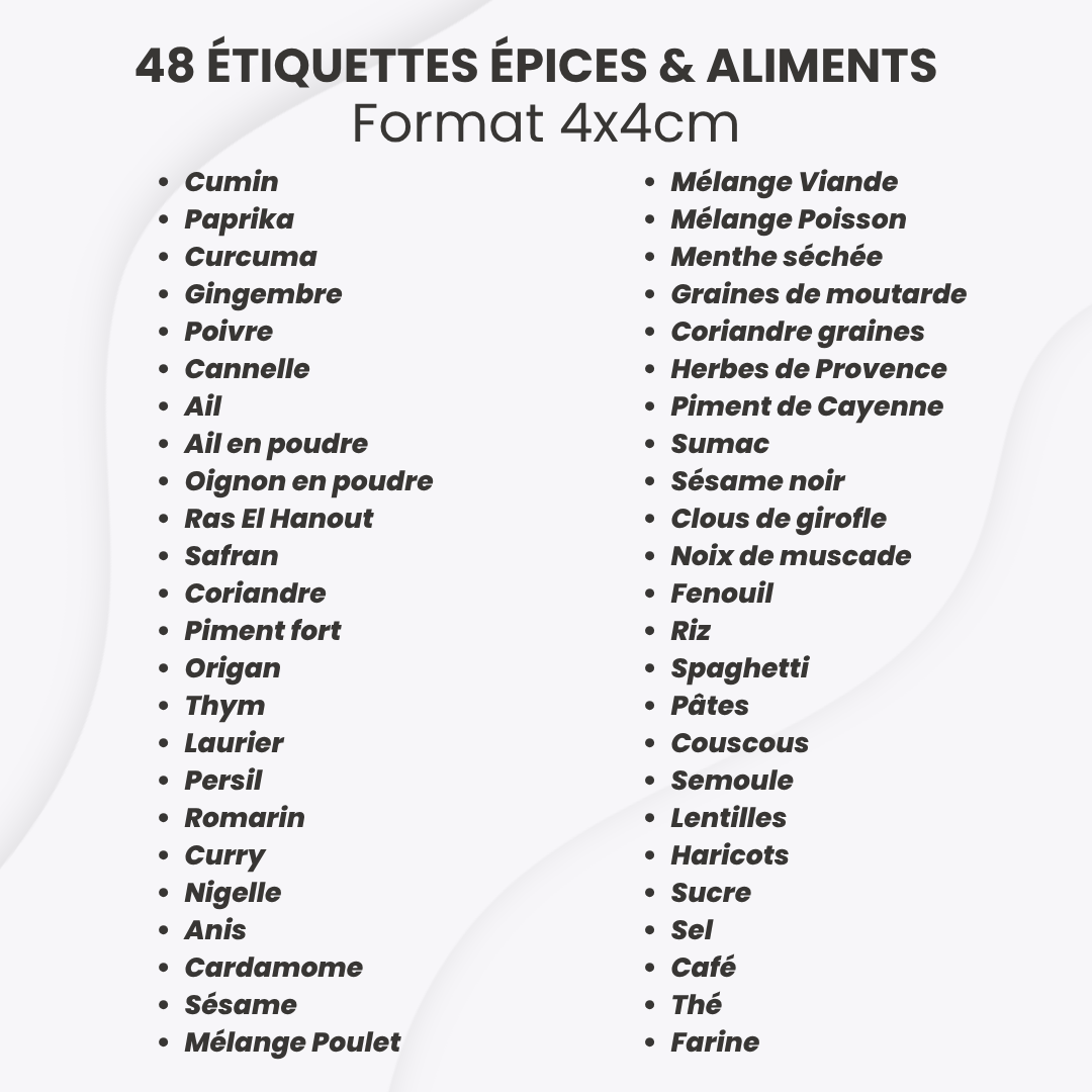 Feuille de 48 Étiquettes Adhésives pour Épices & Aliments
