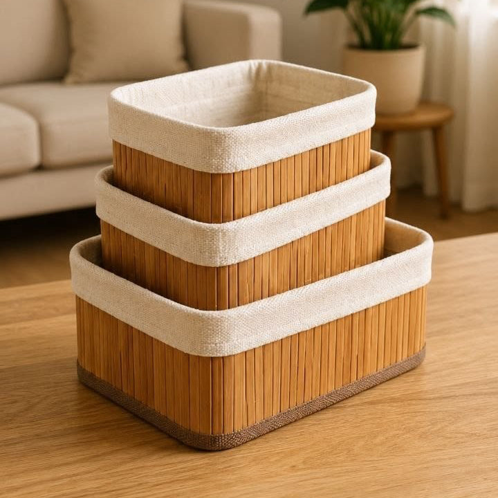 Set de 3 Paniers de Rangement en Bambou avec Intérieur Tissu