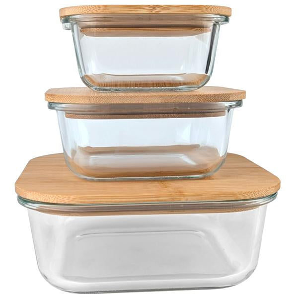 Lot de 3 Boîtes de Conservation en Verre avec Couvercle en Bambou