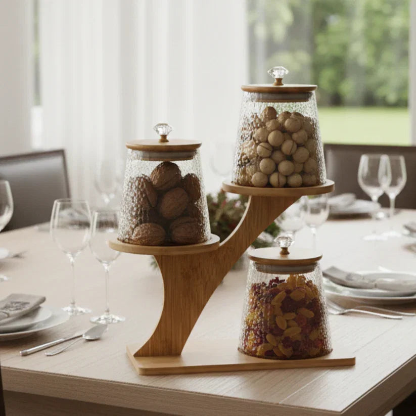 Présentoir de Cuisine 3 Étages en Bambou avec Bocaux en Verre Martelé