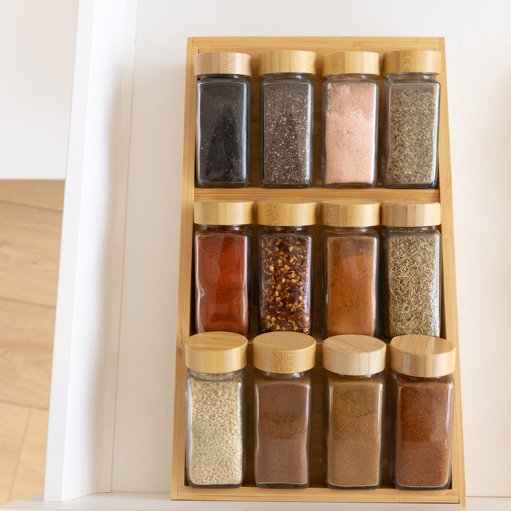 Organisateur de Tiroir en Bambou avec 12 Pots à Épices 120 ml