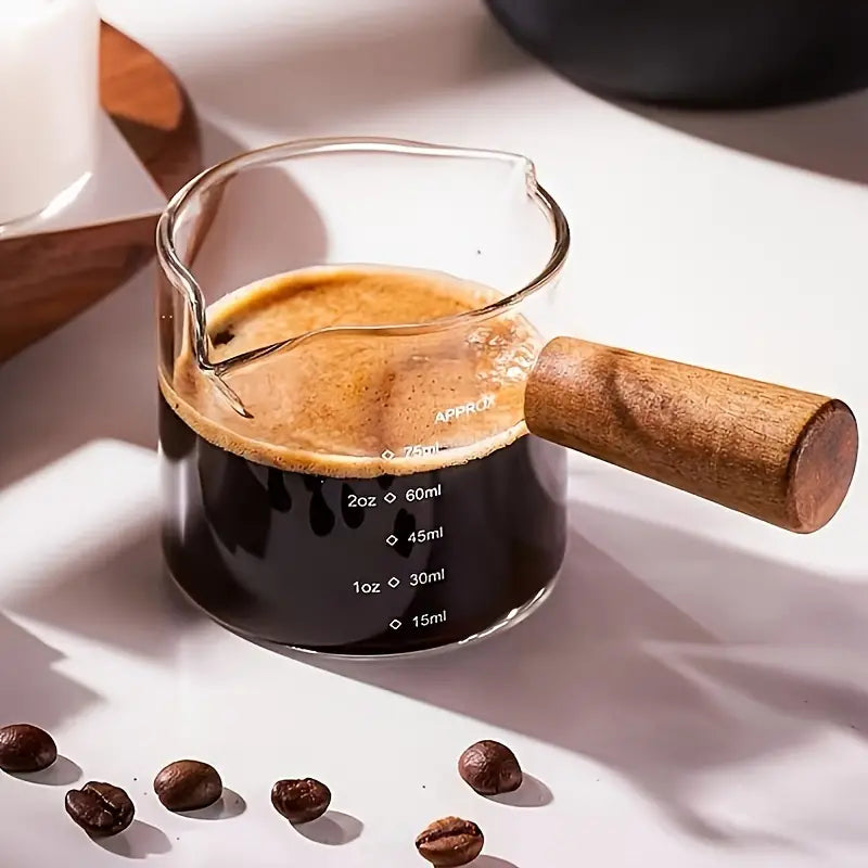 Tasse à Mesurer Espresso en Verre avec Manche en Bois – Verre Doseur pour Café