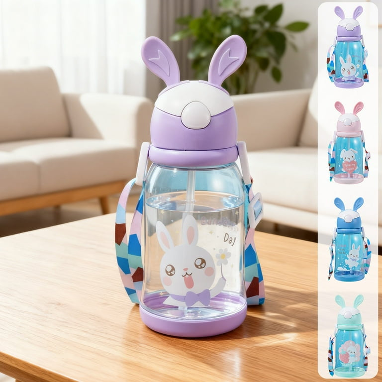 Gourde 600 ml avec Paille & Bandoulière – Motif Lapin, Étanche et Sans BPA