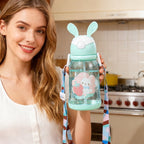 Gourde 600 ml avec Paille & Bandoulière – Motif Lapin, Étanche et Sans BPA