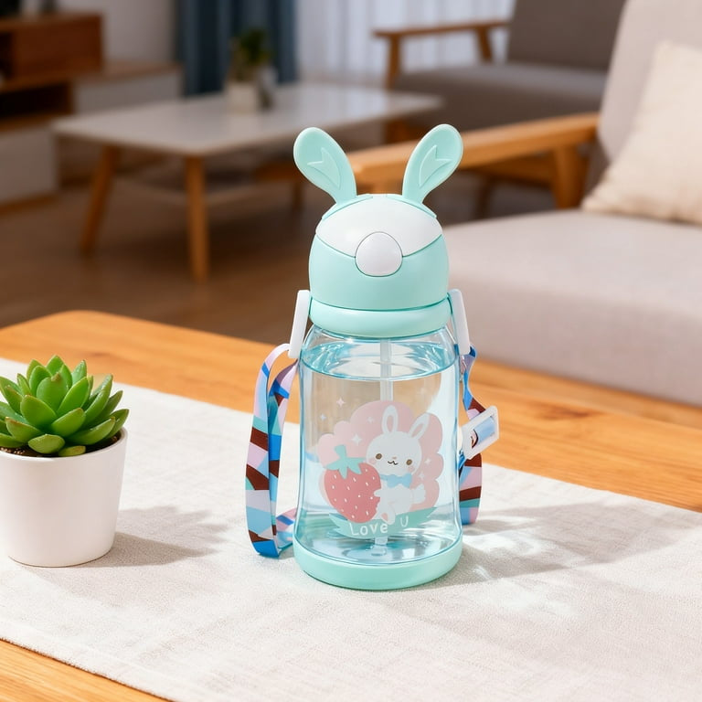 Gourde 600 ml avec Paille & Bandoulière – Motif Lapin, Étanche et Sans BPA