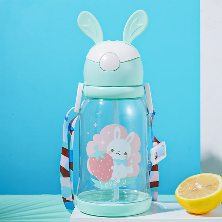 Gourde 600 ml avec Paille & Bandoulière – Motif Lapin, Étanche et Sans BPA