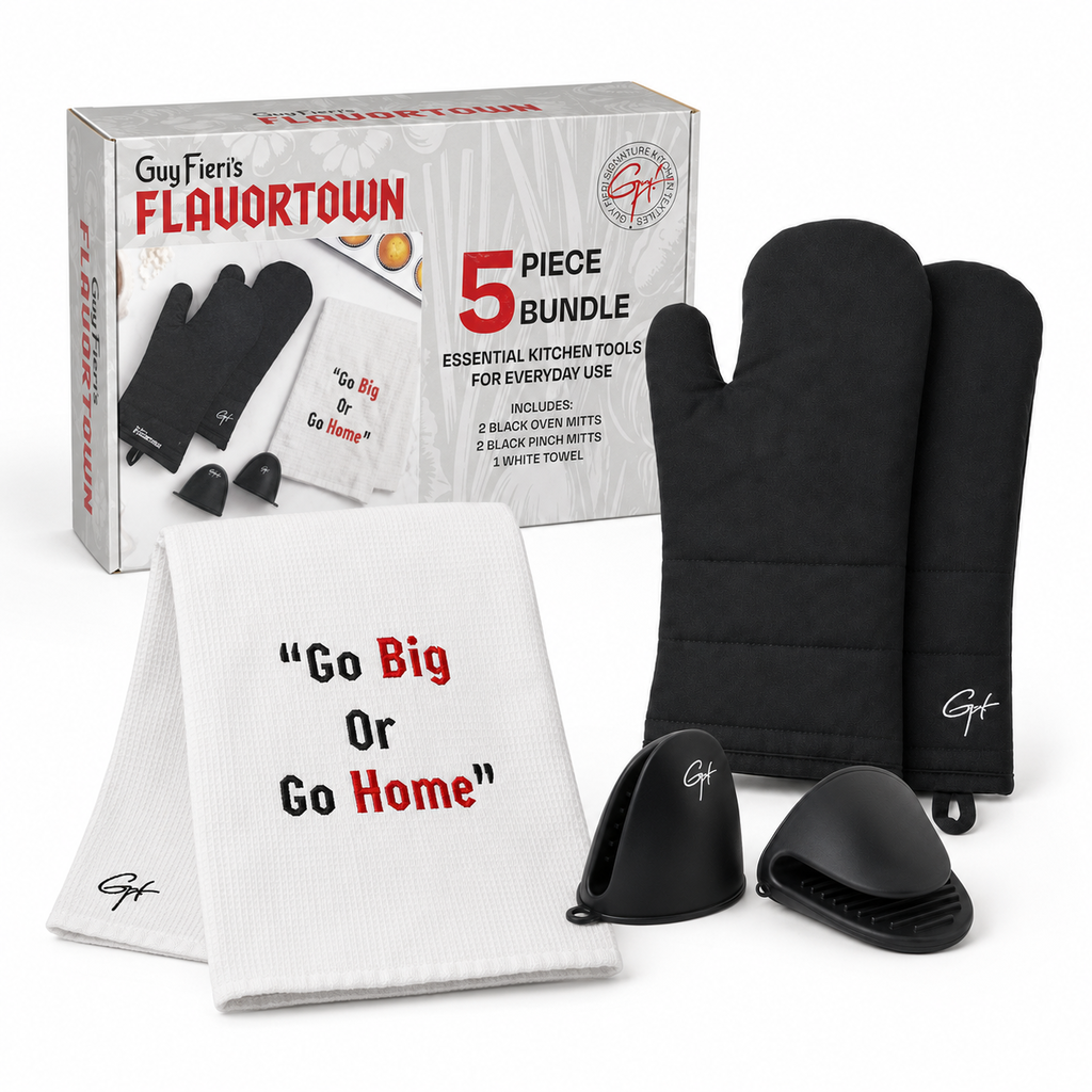 Set de Cuisine 5 Pièces – 2 Gants de Four, 2 Manchons de Protection & 1 Essuie-Mains