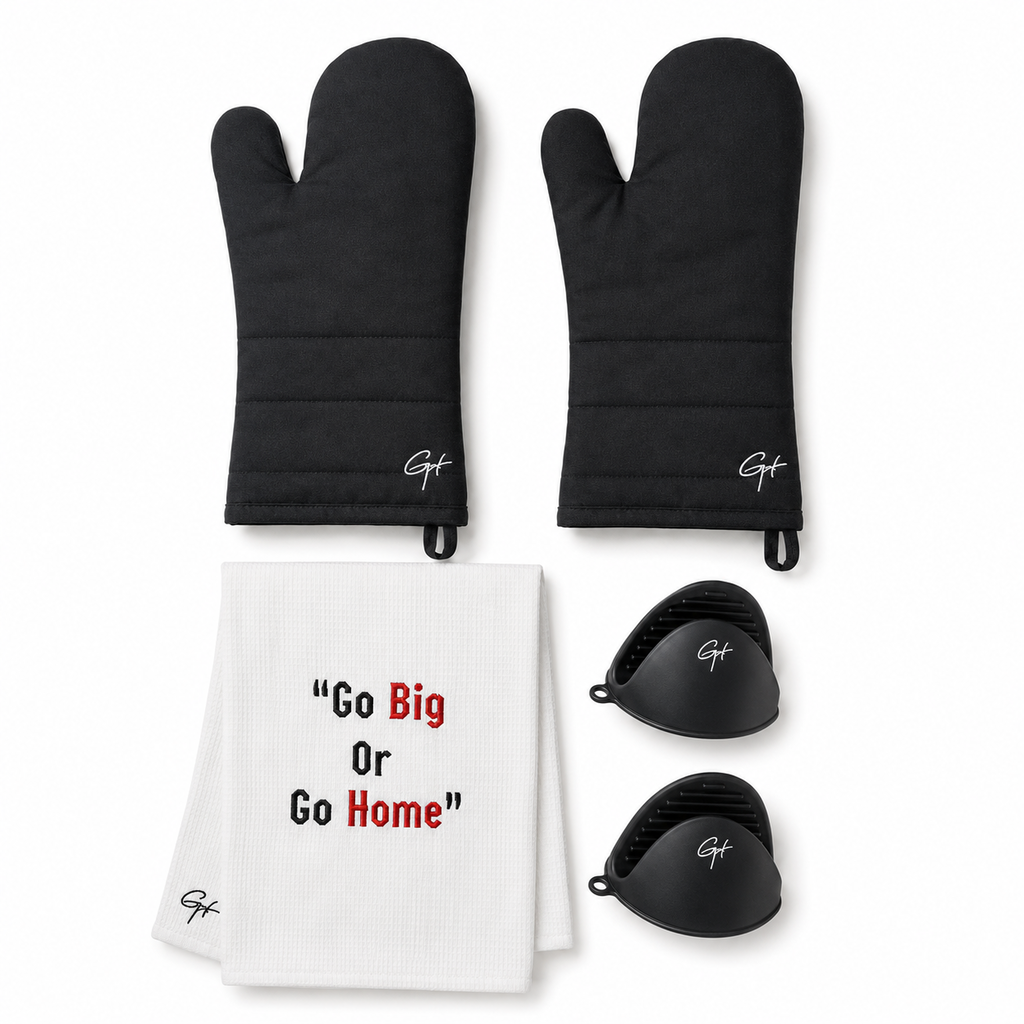 Set de Cuisine 5 Pièces – 2 Gants de Four, 2 Manchons de Protection & 1 Essuie-Mains