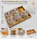 Set de 6 Bonbonnières en Verre en Forme de Cœur avec Plateau en Bois
