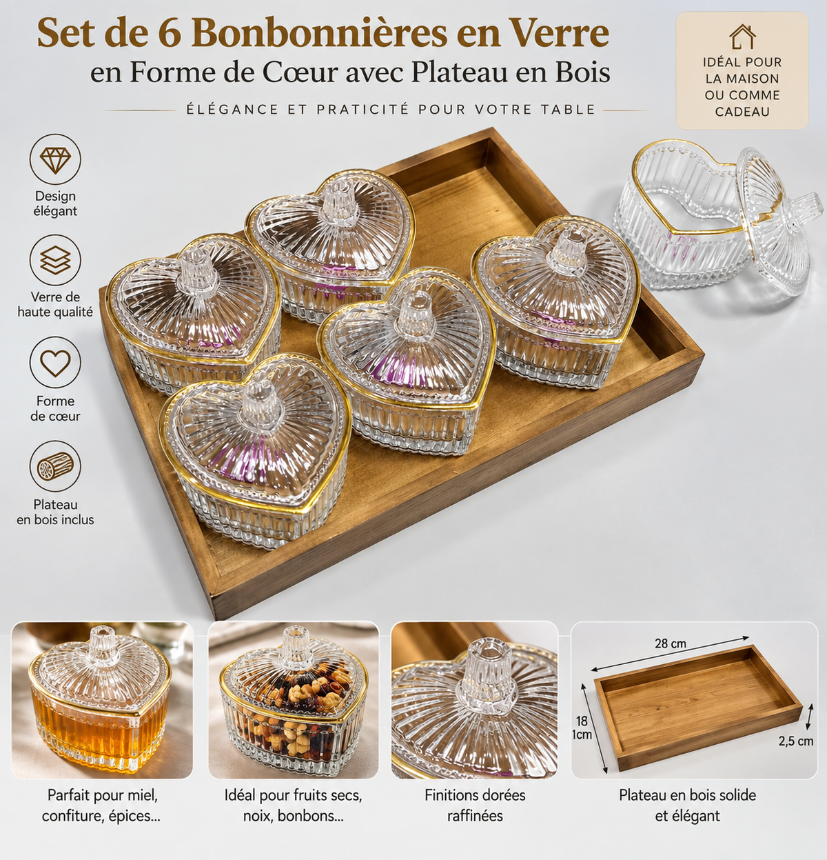Set de 6 Bonbonnières en Verre en Forme de Cœur avec Plateau en Bois