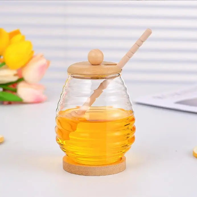 Pot à Miel en Verre Borosilicate 250 ml avec Cuillère et Couvercle