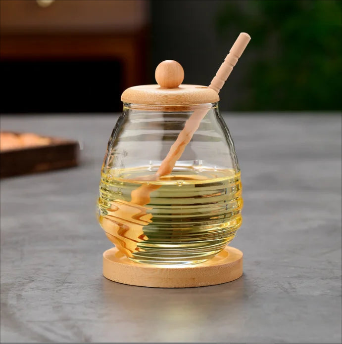 Pot à Miel en Verre Borosilicate 250 ml avec Cuillère et Couvercle