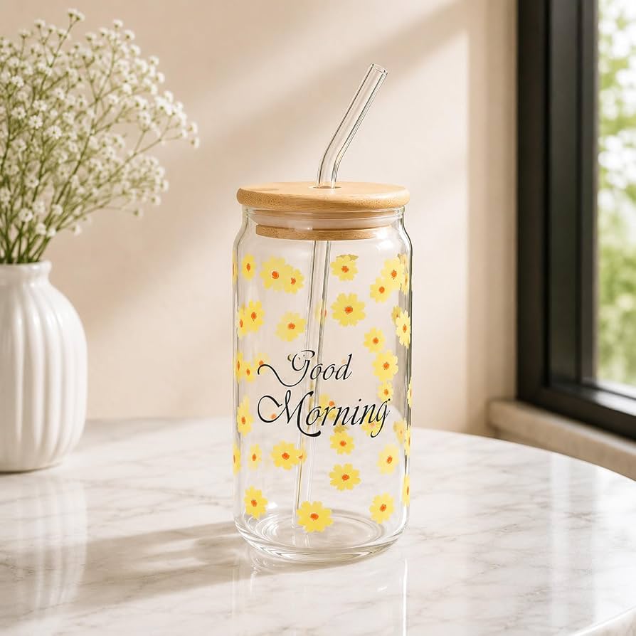 Verre 450 ml à Fleurs Jaunes avec Couvercle en Bambou et Paille