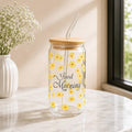 Verre 450 ml à Fleurs Jaunes avec Couvercle en Bambou et Paille