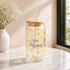 Verre 450 ml à Fleurs Jaunes avec Couvercle en Bambou et Paille