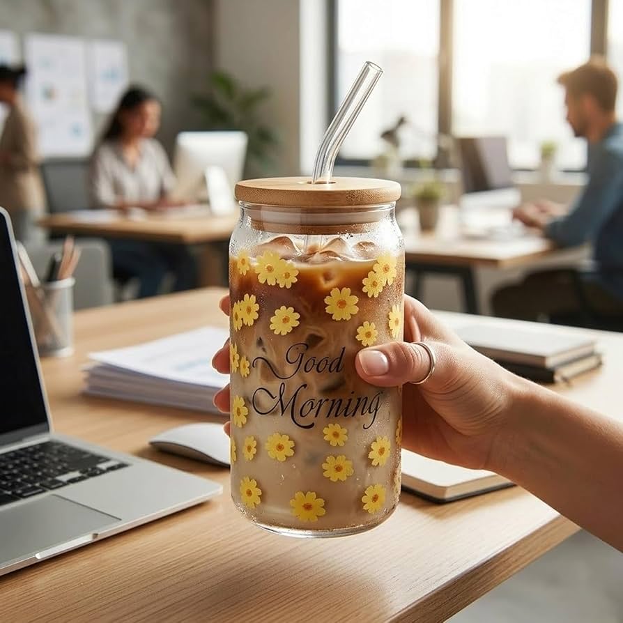 Verre 450 ml à Fleurs Jaunes avec Couvercle en Bambou et Paille