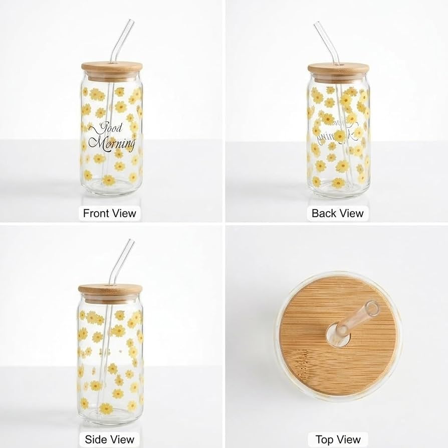 Verre 450 ml à Fleurs Jaunes avec Couvercle en Bambou et Paille