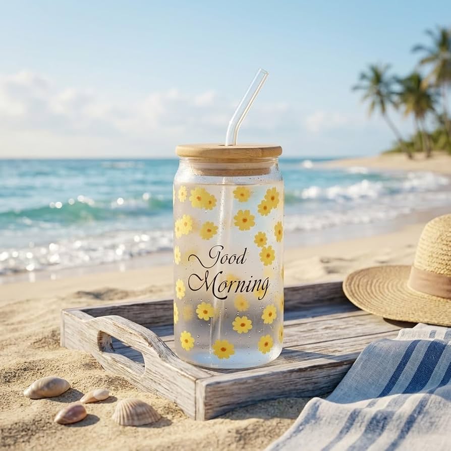 Verre 450 ml à Fleurs Jaunes avec Couvercle en Bambou et Paille