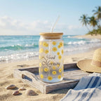 Verre 450 ml à Fleurs Jaunes avec Couvercle en Bambou et Paille