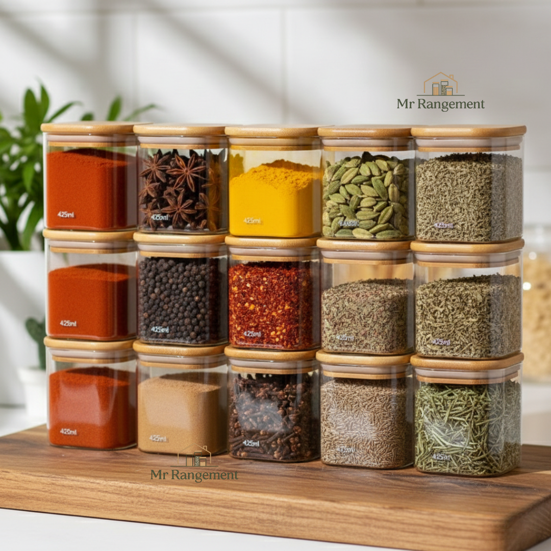 Lot de 12 Bocaux à Épices Carrés 425ml + 12 étiquettes