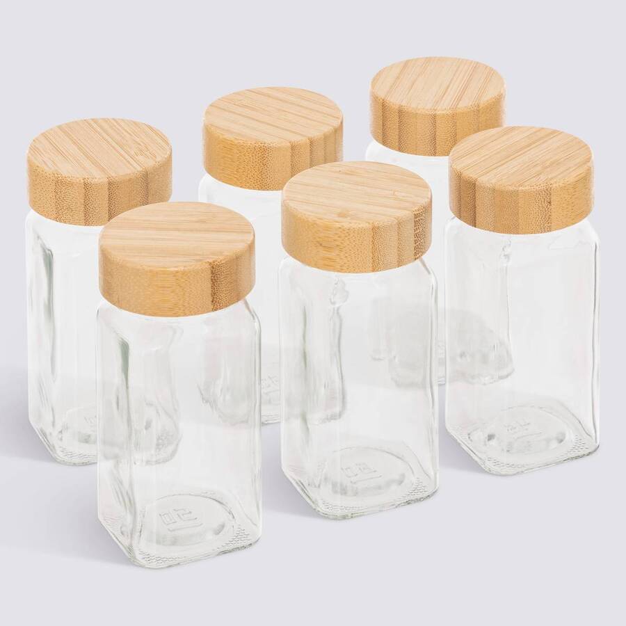 Lot de 6 Pots à Épices en Verre 120 ml avec Couvercle Bambou – Rangement Cuisine
