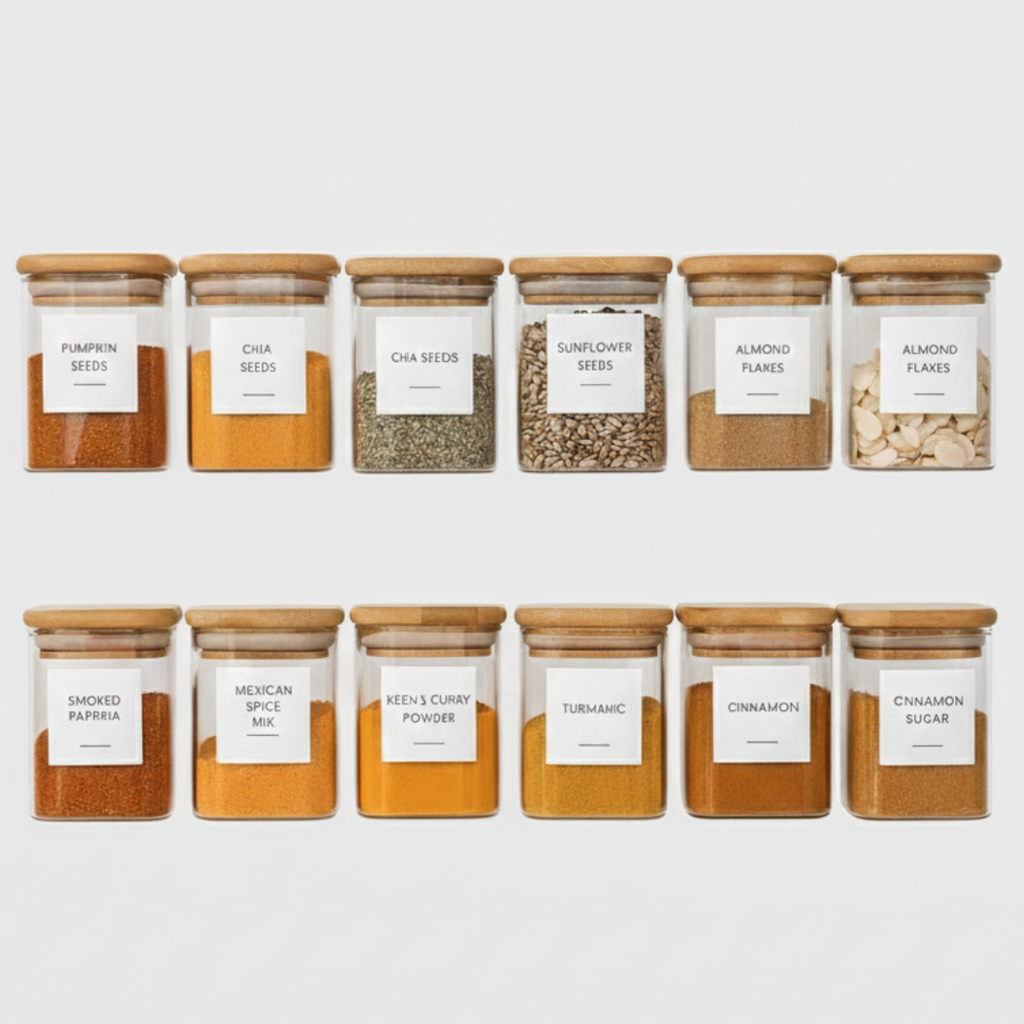 Pack 12 Bocaux Carrés 450ML avec 3 Organisateurs de Tiroir + 12 Étiquettes