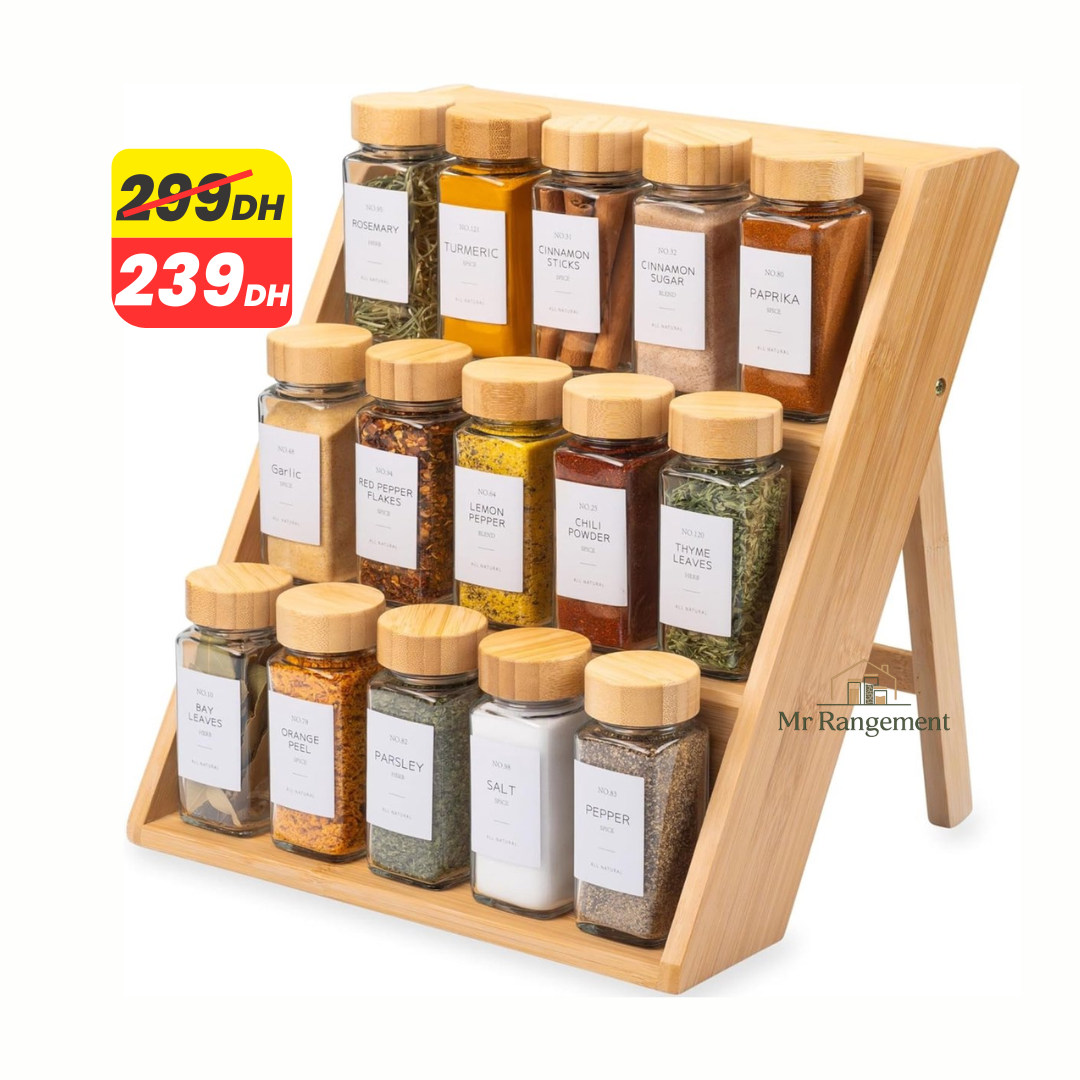 Lot de 15 Pots à Épices Carrés en Verre avec Présentoir en Bambou