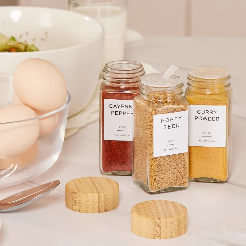 Lot de 15 Pots à Épices Carrés en Verre avec Présentoir en Bambou