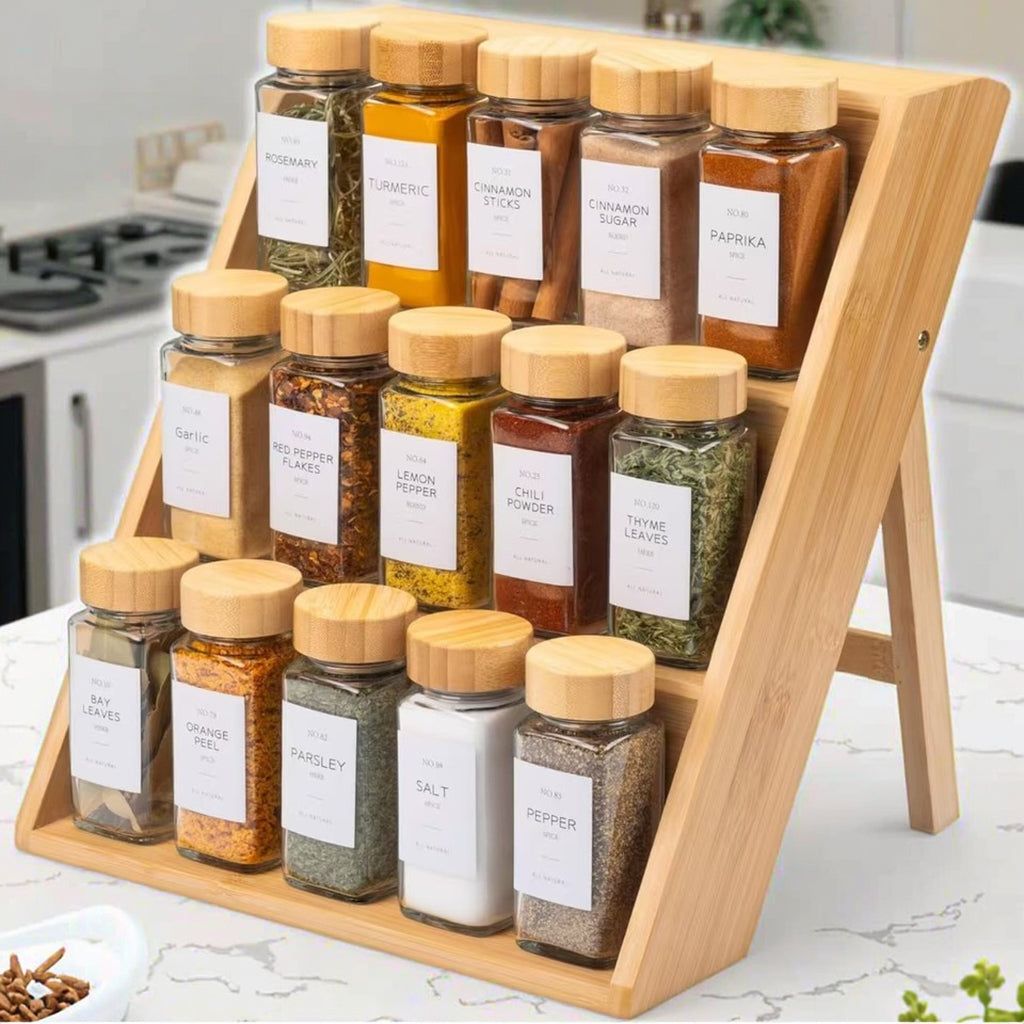 Lot de 15 Pots à Épices Carrés en Verre avec Présentoir en Bambou