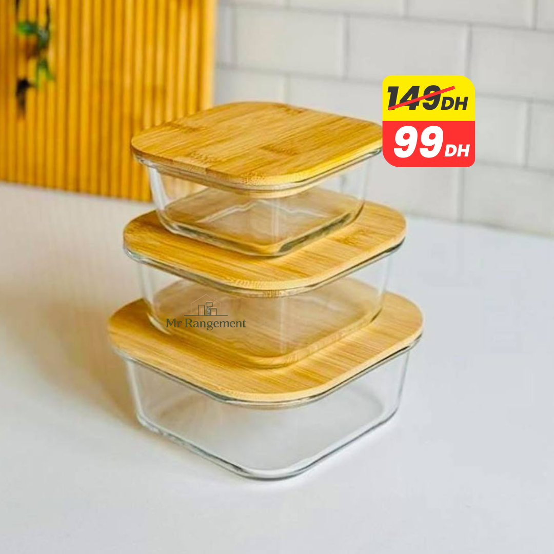 Lot de 3 Boîtes de Conservation en Verre avec Couvercle en Bambou