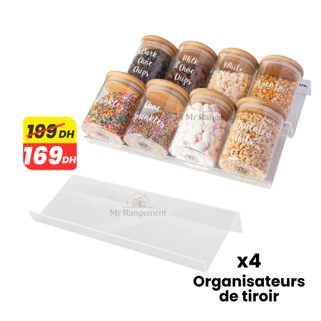 Lot de 4 Organisateurs de Tiroir à Épices en Plexiglass