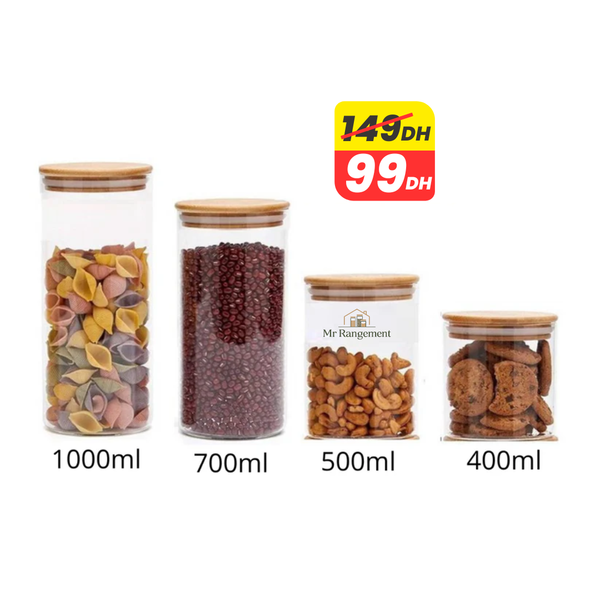 Lot de 4 bocaux en verre avec couvercle en bambou