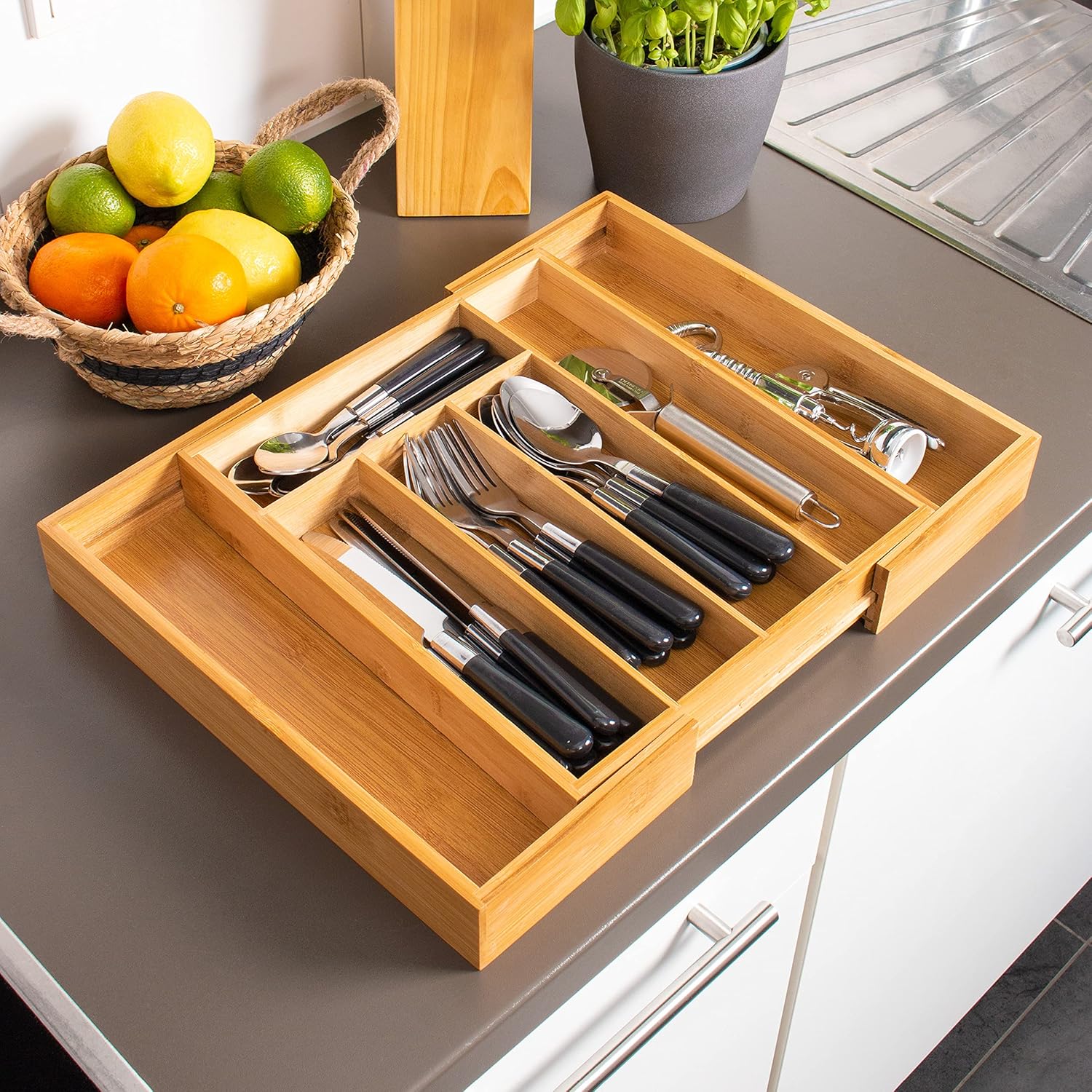 Range-Couverts Extensible en Bambou – 7 Compartiments