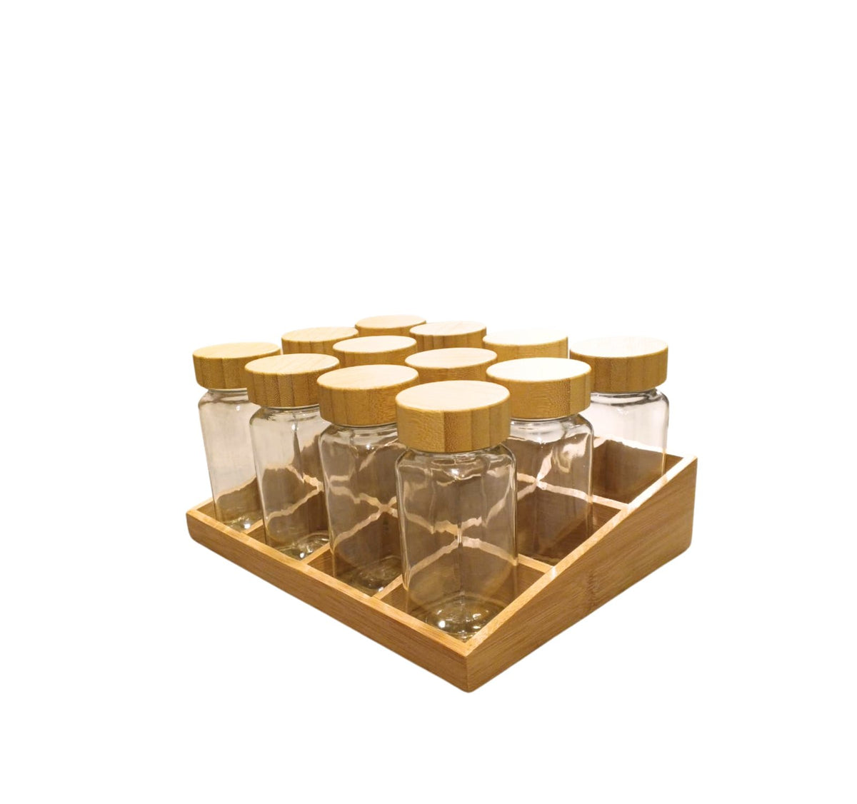 Ensemble de 12 Pots à Épices en Verre avec Support en Bois